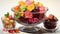 watercolor composition of a classic candy dish with an assortment of colorful sweets