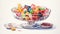 watercolor composition of a classic candy dish with an assortment of colorful sweets