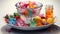 watercolor composition of a classic candy dish with an assortment of colorful sweets