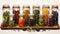 watercolor composition featuring an array of colorful spices and herbs in small jars