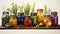 watercolor composition featuring an array of colorful spices and herbs in small jars