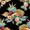 Watercolor composition of fruit on black background. Seamless pattern for design.