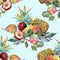 Watercolor composition of fruit on blue background. Seamless pattern for design.