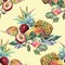 Watercolor composition of fruit on yellow background. Seamless pattern for design.