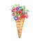 Watercolor composition with hand painted berries and ice cream in a waffle cone. Strawberry, blueberry, raspberries, cherry,