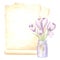 Watercolor composition papyrus, aged sheets of paper with bouquet of violet crocuses flowers in glass jar with tag