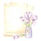 Watercolor composition papyrus, aged sheets of paper with bouquet of violet crocuses flowers in glass jar with tag
