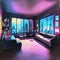 Watercolor of Concept art of apartment living room interior in cyberpunk style