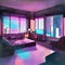 Watercolor of Concept art of apartment living room interior in cyberpunk style