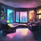 Watercolor of Concept art of apartment living room interior in cyberpunk style