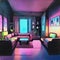 Watercolor of Concept art of apartment living room interior in cyberpunk style