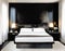 Watercolor of Contemporary bedroom featuring sleek black marble and side