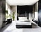 Watercolor of Contemporary bedroom featuring sleek black marble and side