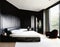 Watercolor of Contemporary bedroom featuring sleek black marble and side