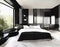 Watercolor of Contemporary bedroom featuring a sleek black marble and side Rendered in