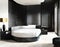 Watercolor of Contemporary bedroom featuring a sleek black marble and side Rendered in