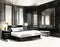 Watercolor of Contemporary bedroom featuring a sleek black marble and side Rendered in