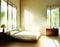 Watercolor of Contemporary bedroom with sunlight streaming through the