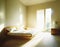 Watercolor of Contemporary bedroom with sunlight streaming through the