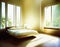 Watercolor of Contemporary bedroom with sunlight streaming through the