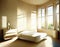 Watercolor of Contemporary bedroom with sunlight streaming through the