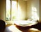 Watercolor of Contemporary bedroom with sunlight streaming through the