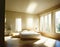 Watercolor of Contemporary bedroom with sunlight streaming through the