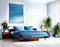 Watercolor of Contemporary blue bedroom with poster and