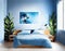 Watercolor of Contemporary blue bedroom with poster and