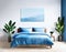 Watercolor of Contemporary blue bedroom with poster and
