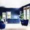 Watercolor of Contemporary dark blue living room with TV and