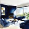 Watercolor of Contemporary dark blue living room with TV and