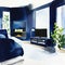 Watercolor of Contemporary dark blue living room with TV and