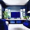 Watercolor of Contemporary dark blue living room with TV and