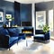 Watercolor of Contemporary dark blue living room with TV and
