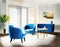 Watercolor of Contemporary elegant living room with blue