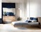 Watercolor of Contemporary Nordic bedroom featuring wood bedside dark blue and wooden