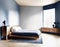 Watercolor of Contemporary Nordic bedroom featuring wood bedside dark blue and wooden