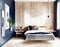 Watercolor of Contemporary Nordic bedroom featuring wood bedside dark blue and wooden