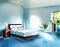 Watercolor of Contemporary and open bedroom with ample abundant natural and serene light blue