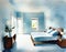 Watercolor of Contemporary and open bedroom with ample abundant natural and serene light blue