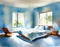 Watercolor of Contemporary and open bedroom with ample abundant natural and serene light blue