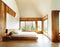 Watercolor of Contemporary wooden bedroom with modern