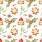 Watercolor of cookies, cake, mistletoe and holly. Seamless pattern for greeting design.