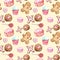 Watercolor cookies, cupcakes, lollipop, macaron, gingerbread seamless pattern on warm yellow background