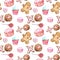 Watercolor cookies, cupcakes, lollipop, macaron, gingerbread seamless pattern on white background