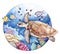 Watercolor coral reef, fish, turtle. Underwater illustration in circle on white background.