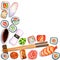 Watercolor corner composition with Japanese sushi, rolls and place for text