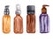 Watercolor cosmetic tubes on white background. Brown and purple colors. Oil bottles set