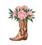 Watercolor country boots with red flowers and greenery, illustration isolated on white background. Rustic wedding